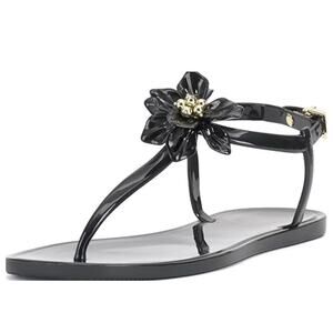 NEW Vince Camuto Jelynn Beaded Flower Embellish Flat Thong Sandal Black Sz 9M